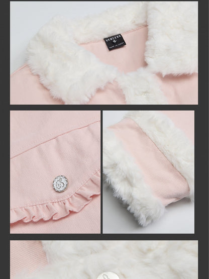 Dicke Jacke mit Polokragen und Plüschbesatz in Rosa/Kamel