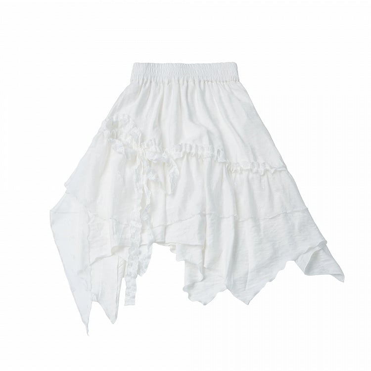 White Asymmetrical Cut Skirt with Lace Accents - PINK SAVIOR