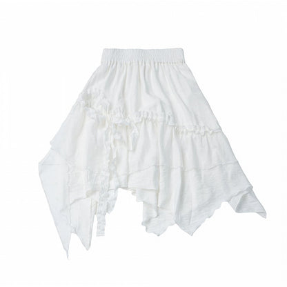 White Asymmetrical Cut Skirt with Lace Accents - PINK SAVIOR