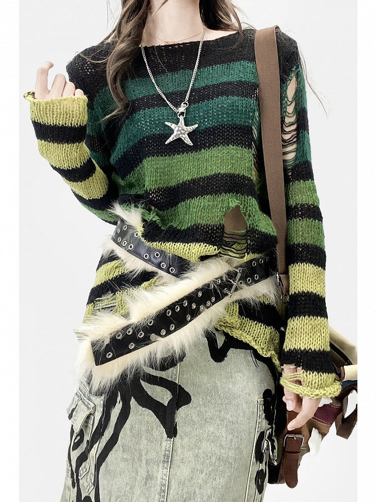Muster Y2K Grün Cut-out Ausschnitt Details Asymmetrischer Pullover Gestreift