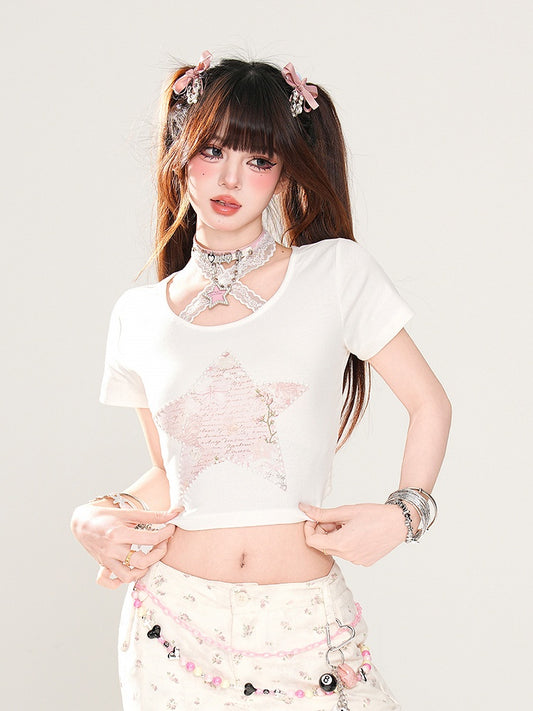 Glamorous Neck Star Print White Halter Lace Cropped T-Shirt