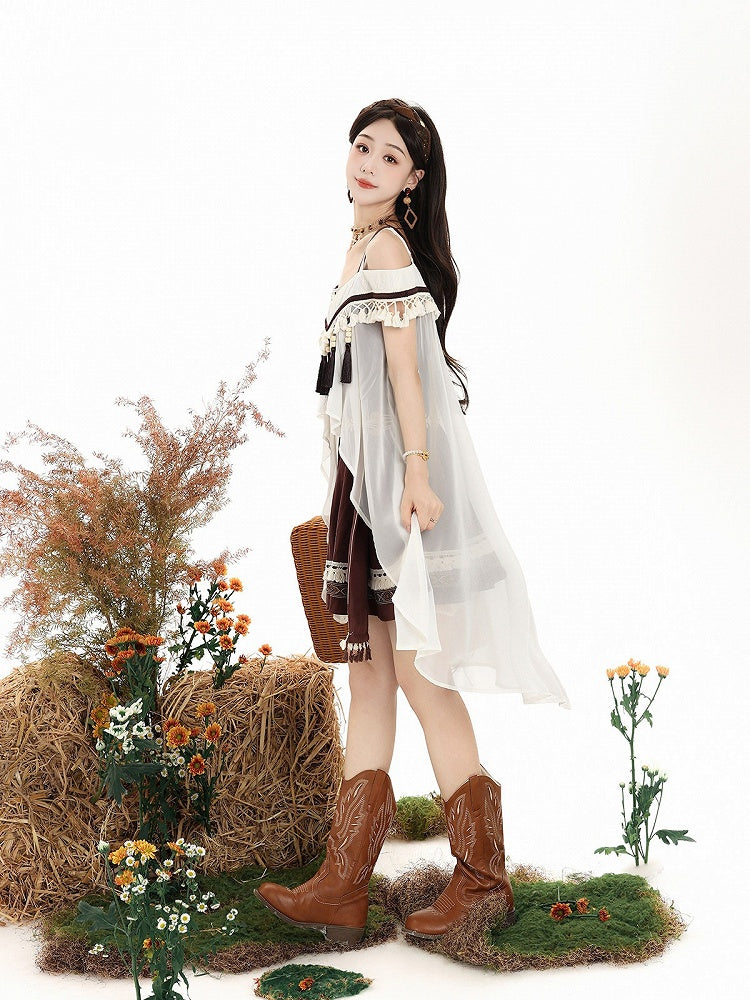 Brown & White Cape + Dress Set with Fringe and Waist Belt - Wasteland Style - Unknown Star