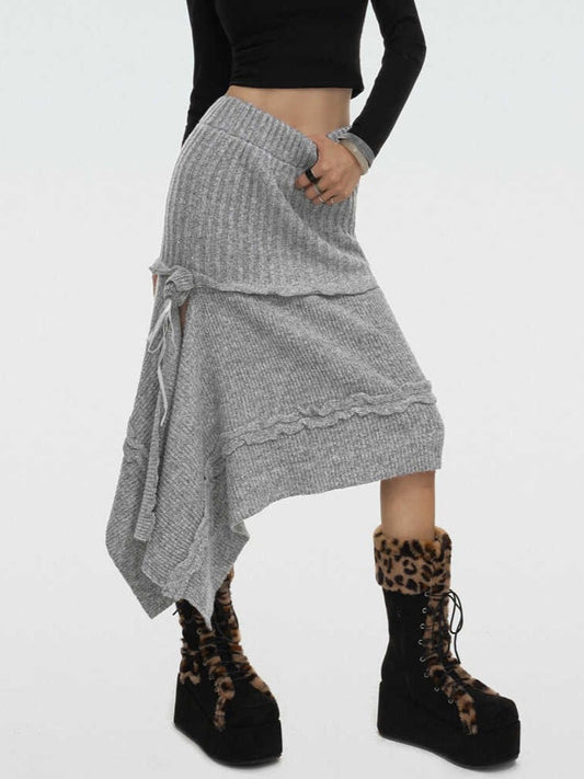 Asymmetrical Grey A-Line Knit Skirt with Rose Ribbon Detail