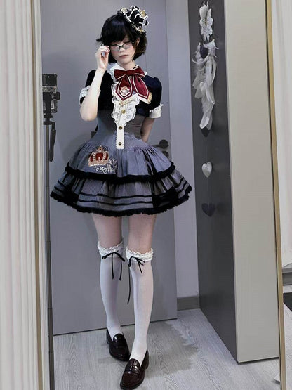Monochrome Preppy Striped Two-Piece Gown with Crown Embroidery - Fairy Faith