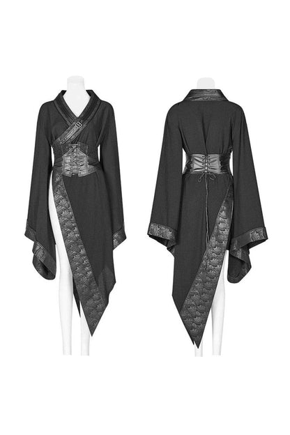 Black V-Neck Metal Buckle Waist Lace-Up Flare Sleeve Wave Print Asymmetric Hem Kimono Punk Dress