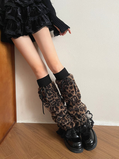 Plush with Trim Leopard and Ruffle Bowknot Y2K Warmers Decorations Leg Pattern