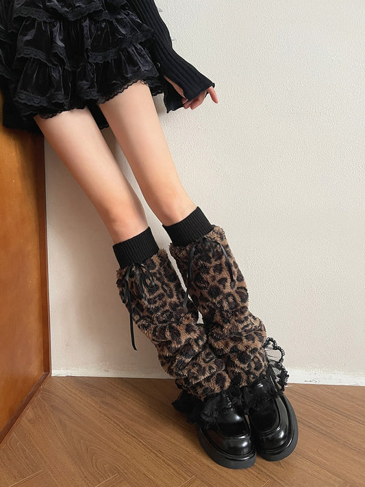 Plush with Trim Leopard and Ruffle Bowknot Y2K Warmers Decorations Leg Pattern
