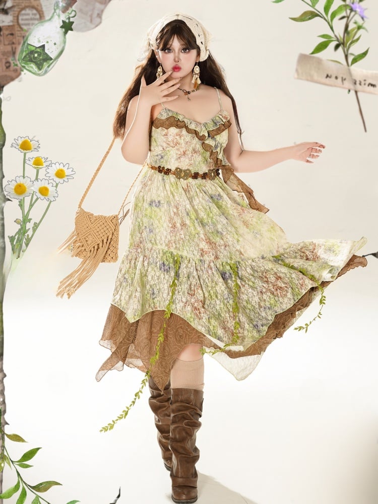 Plus Size Grünes Blumenkleid mit Spaghettiträgern