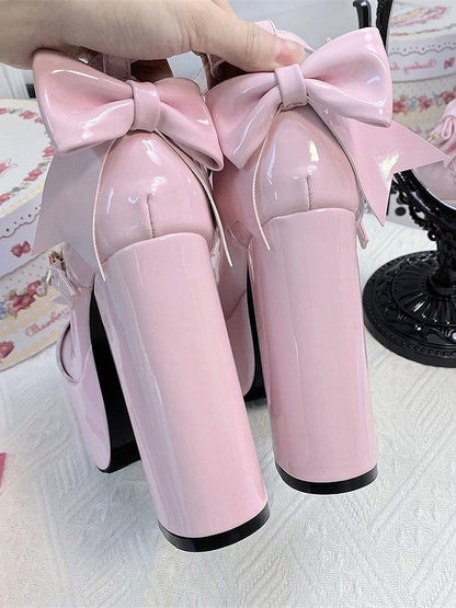 Star Bow Elegant Round-Toe Pink 12cm Snap Heels - Platform Height Lolita High with Details Heeled
