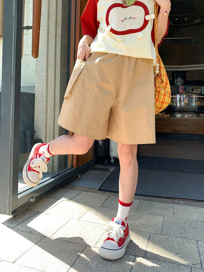 Shorts Khaki Elastischer Bund Gerades Bein Cargo