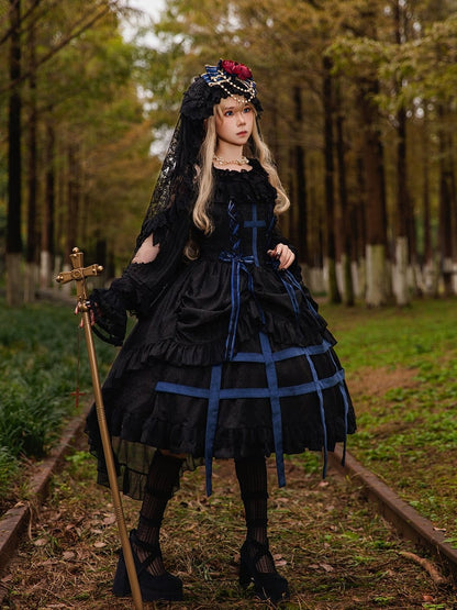 Cross JSK Accents with Gothic Black Birdcage Lolita and Blue Dress