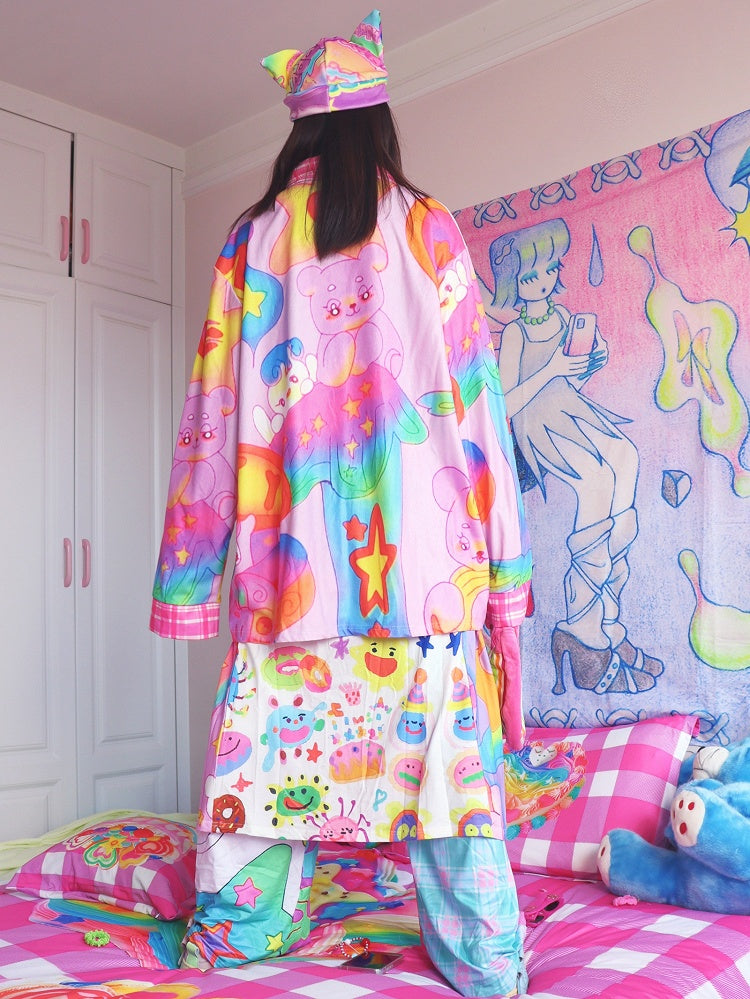 Cartoon Corduroy Print Y2K Shirt Colorful