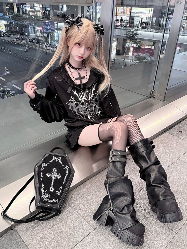 Distressed Black Thorn Graphic Jirai-Kei Hooded Jacket with Stud Accents - Puppet Bombs