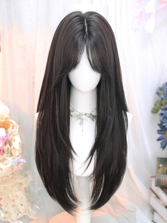 Black Tea Under Bust Length Straight Wig with Curtain Bangs