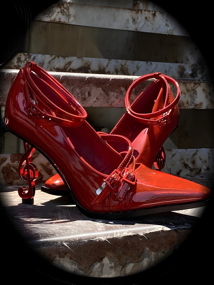 Gothic Pointed Shoes Note Music with Toe Style 8cm Design Red Heel