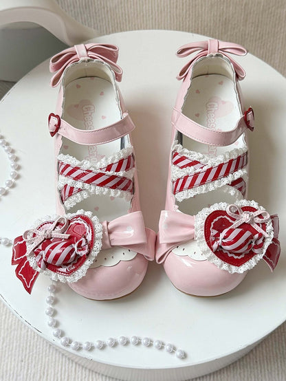 Janes Mary - and Heart Crisscross Clip Straps Shoe Red Deep Candy Ruffled Lace Pink Design Sweet Round-Toe with Details Bow