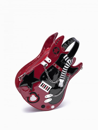 Red Sweetheart Black Guitar-shaped Design Star Embroidered Bag