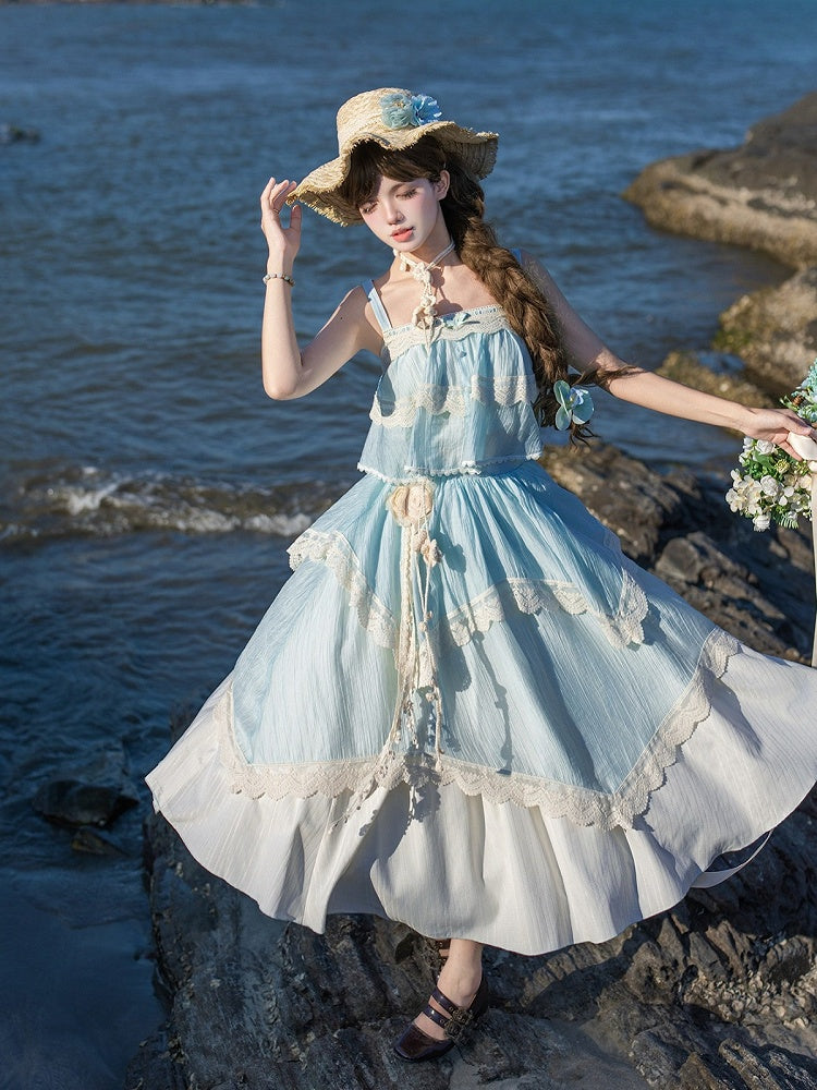 Blue Summer Set: Sleeveless Top, Skirt, Brooch & Hat - With PUJI