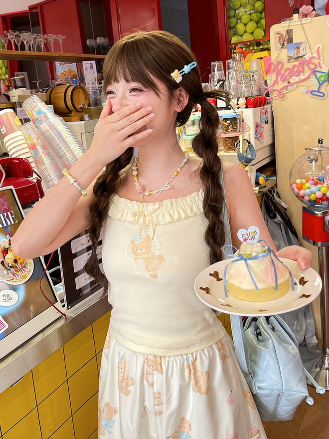 愛らしいクマ柄キャミソールトップス ネックライン ライトイエロー フリル