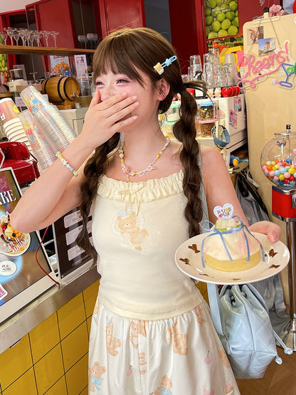 愛らしいクマ柄キャミソールトップス ネックライン ライトイエロー フリル