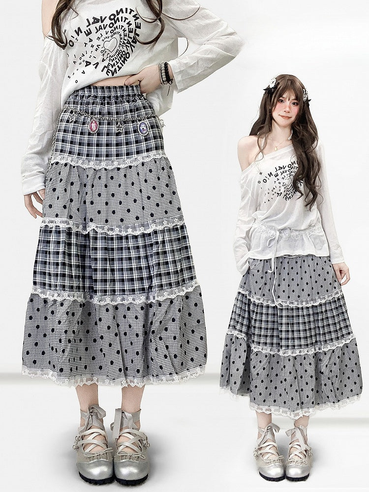 Graues Musterbesatz Polka-Dot Y2K und Rockspitze Bittersüßes Karo