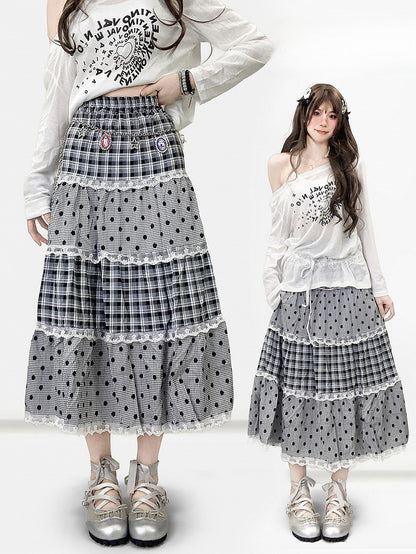 Graues Musterbesatz Polka-Dot Y2K und Rockspitze Bittersüßes Karo