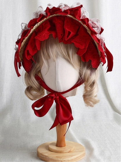 Lace Red Gold Bow Trim Bonnet Satin