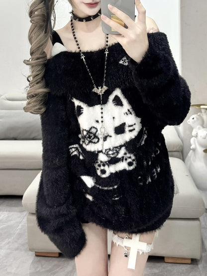 Faux with Gray/Black Cat Off-Shoulder Motif Sweater Fur