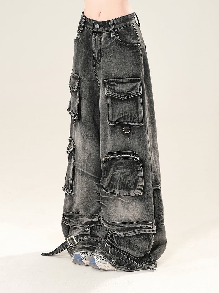 ブラック ローライズ カーゴポケット ワイドレッグ ジーンズ