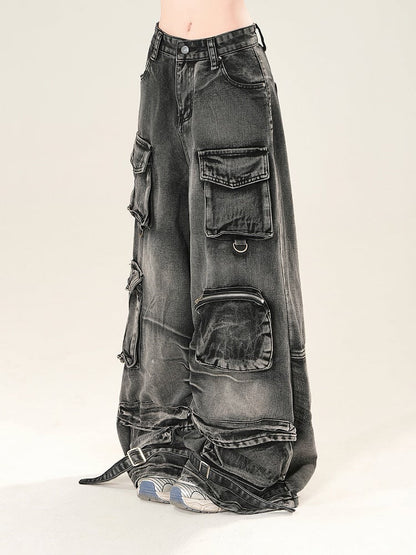 ブラック ローライズ カーゴポケット ワイドレッグ ジーンズ