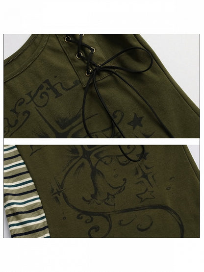 Retro Striped Patchwork Green Lace Up Top - Girlyhalo