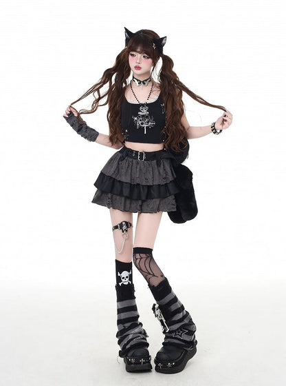 Tiered Skirt Gray Distressed Holes Lined