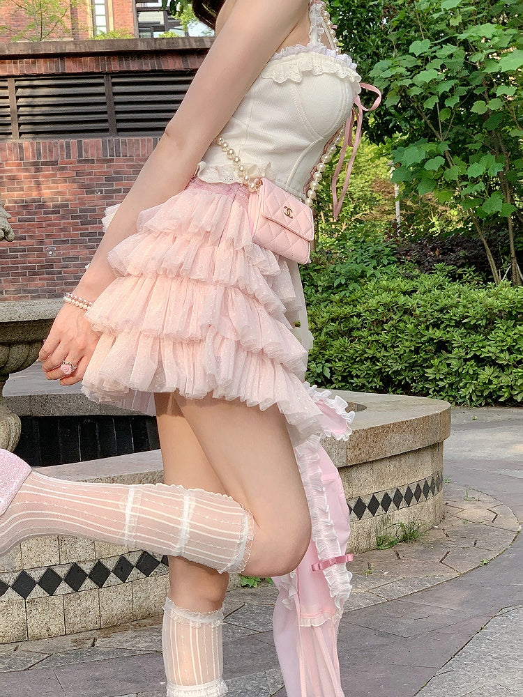 Gepunkteter Puff-Tupfen-Stufenrock mit Satinschleife in Rosa