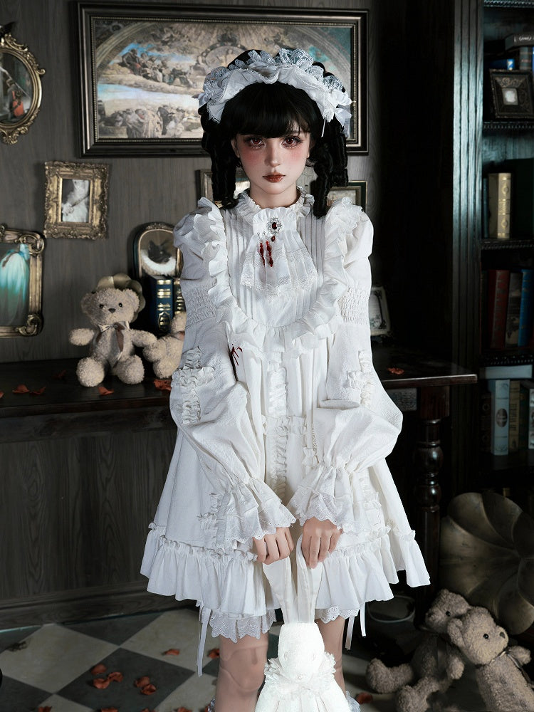 White Gothic Lolita Jabot Brooch with Red Bead Chains - With PUJI