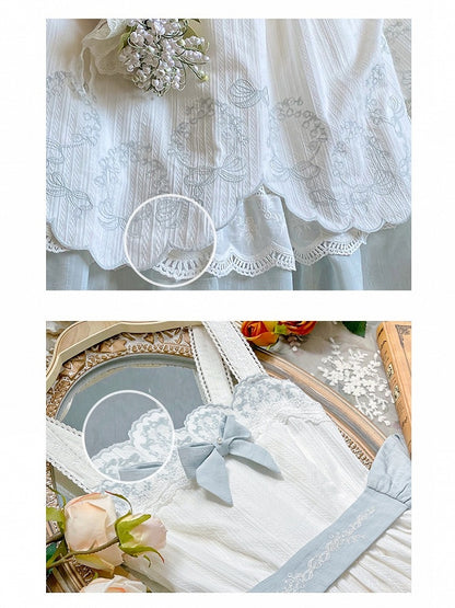 White & Blue Lace Trim JSK Dress with Bow and Belt - Rosa multiflora