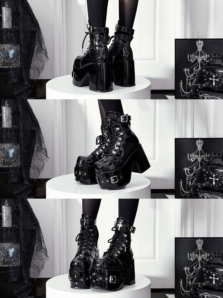 Bittersweet Buckled Lace-Up Ankle Boots in Black PU with Cross Accents, Inner Zip & High Block Heels - Transfer Student