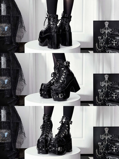 Bittersweet Buckled Lace-Up Ankle Boots in Black PU with Cross Accents, Inner Zip & High Block Heels - Transfer Student