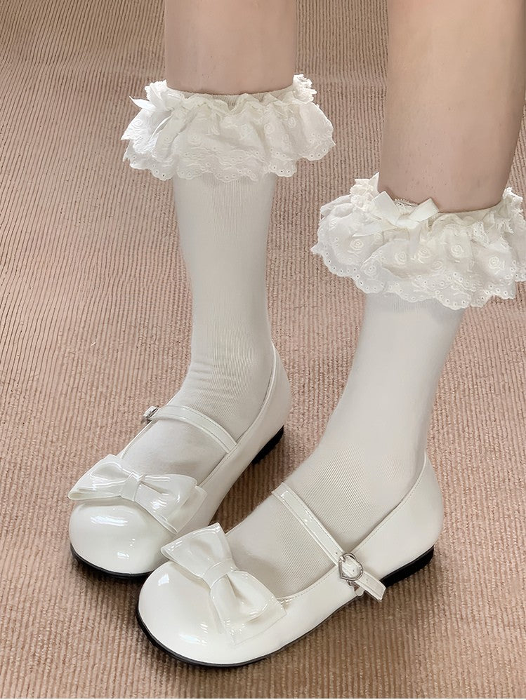 Bow Toe Style in Round with Heart Sweet Buckle - Off-white Flats Lolita PU