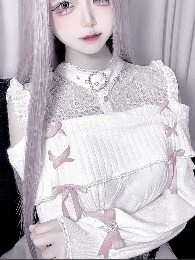 Sweater：Illusion Pink White Jirai Shoulder with Knit Open Buckle Neckline Kei
