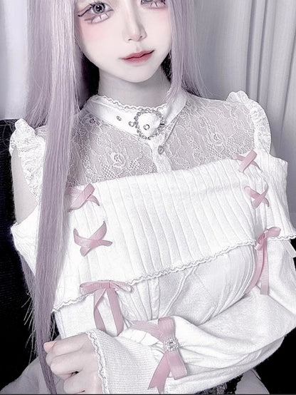 Sweater：Illusion Pink White Jirai Shoulder with Knit Open Buckle Neckline Kei