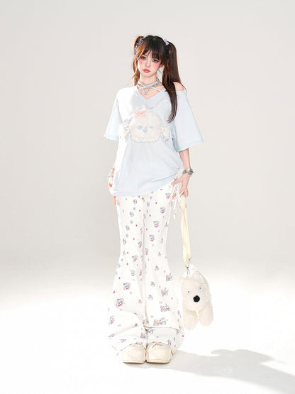 Adorable Bear and Bunny Print Drawstring Design Side White Glamorous Flared Pants