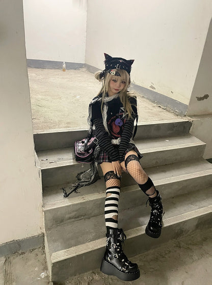 Punkrock-Zweiteiler und Top aus schwarzer Skelett-Baumwolle mit Sternendruck