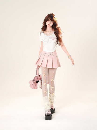 リボン結びラインストーン装飾文字レーストリムTシャツ ホワイト/ブラックプリント