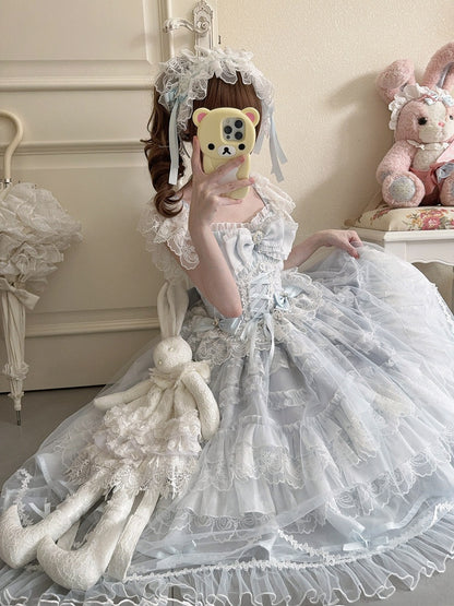 Hanayome-Style Lace Blue Dress Bows Details Multi-Layer Rhinestone Elegant JSK with Lolita