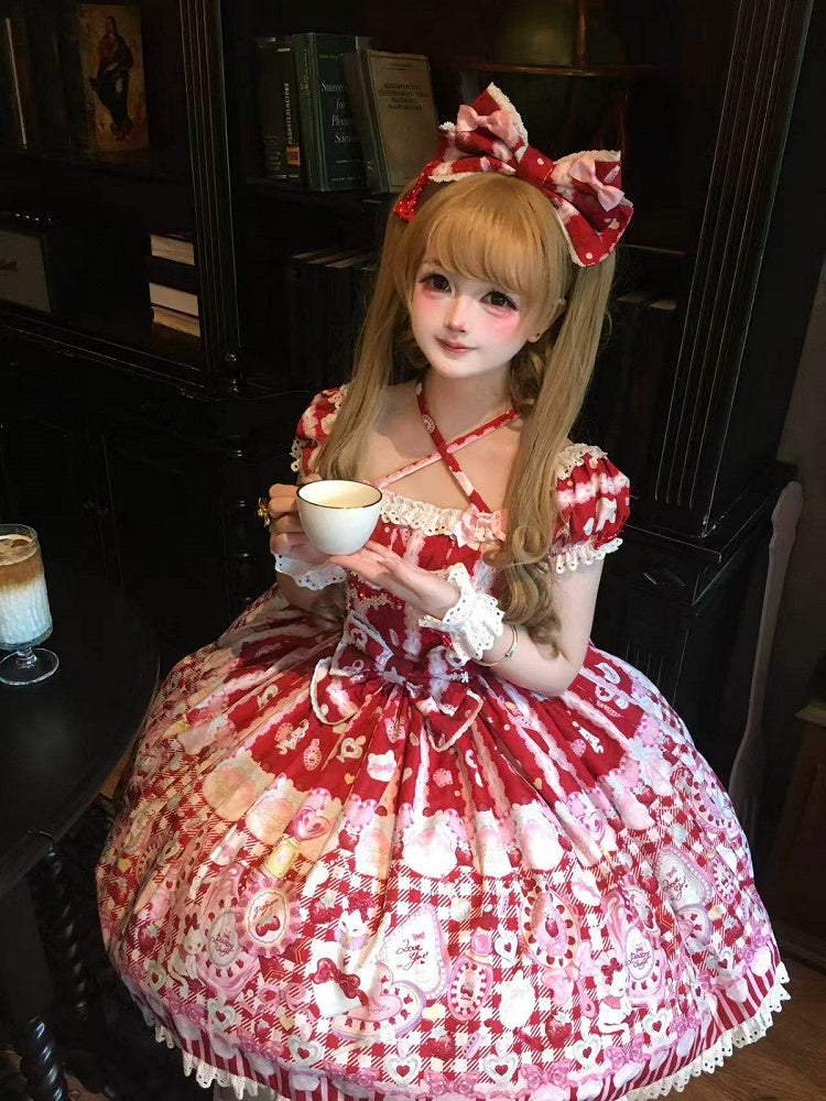 Cat Print Crimson Sweet Lolita OP Dress with Removable Crisscross Halter Straps - Pastry Chef