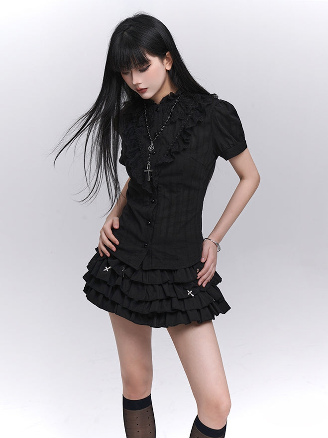 Black Lace Trim Short Sleeves Gothic Blouse