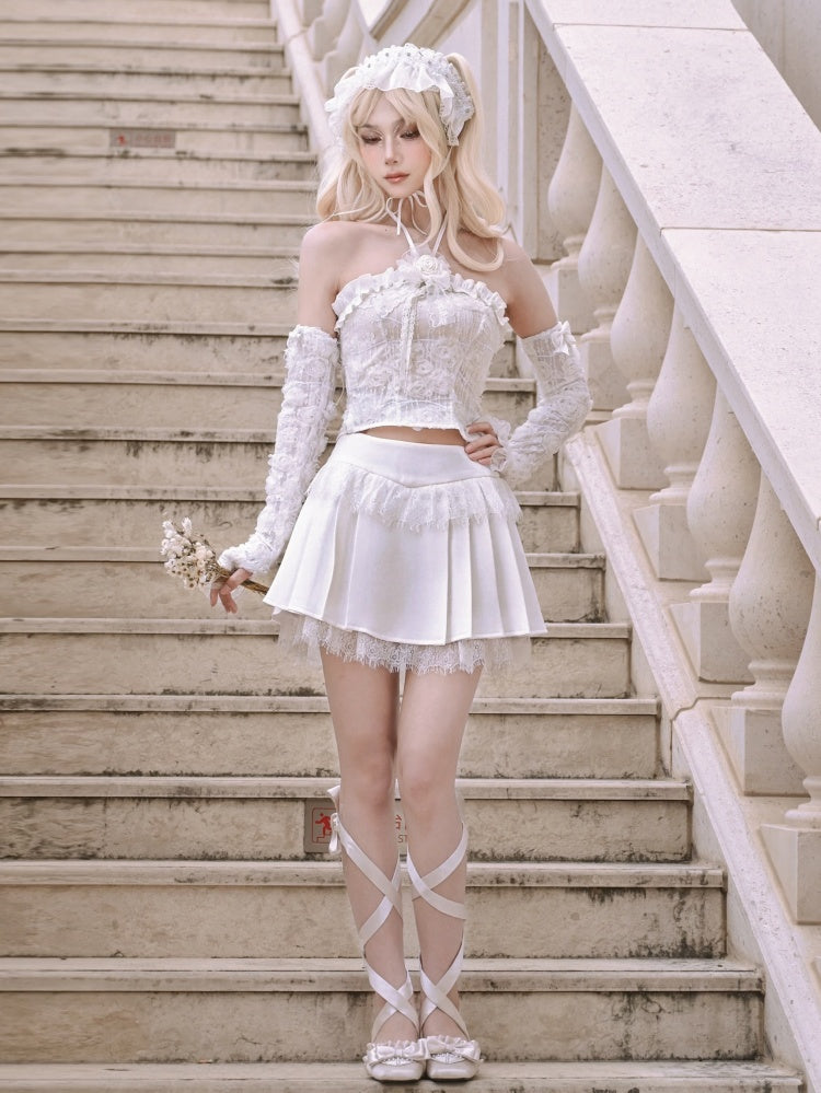 Weißer Spitzen-Fairy-Gothic-Faltenrock