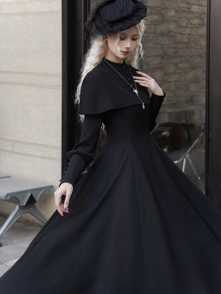 Schwarzes elegantes Cape-Design mit langen Ärmeln, Gothic-Lolita-Kleid