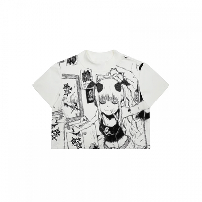 Bedrucktes weißes kurzes T-Shirt mit Rundhalsausschnitt und Anime-Mädchen