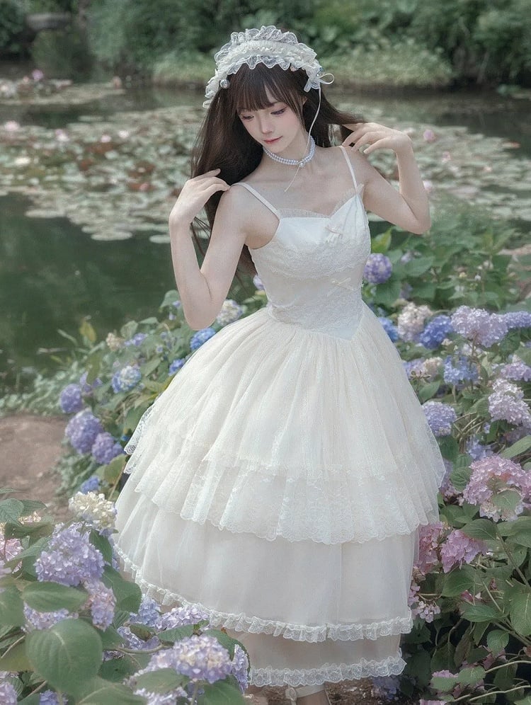 Beige Thin Strap Princess Lolita JSK Tiered Long Dress - With PUJI